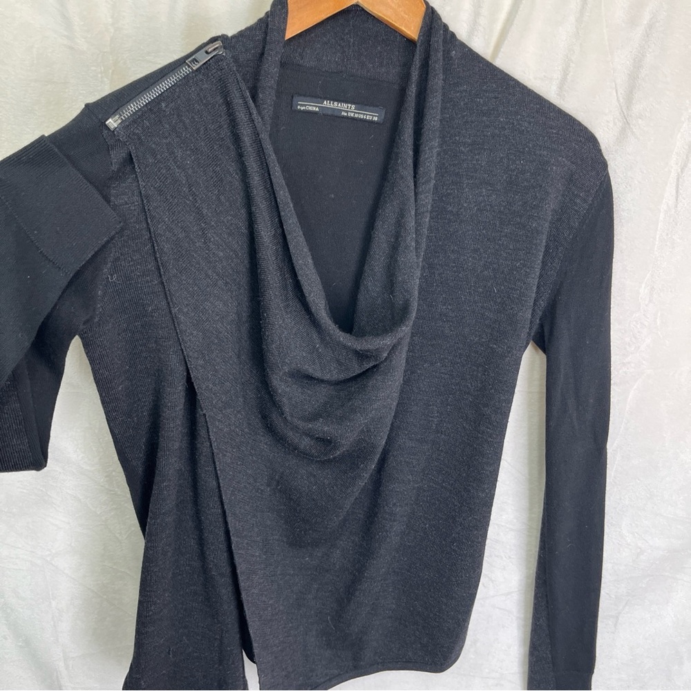 Allsaints Women 6 Drina Sweater Charcoal Asymmetric Wool Drape Wrap Pullover Zip